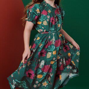 NWT Tea Collection Puff Sleeve Tie Waist Dress in Forest Floral Green size 5